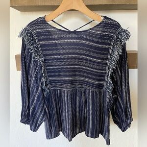 Blue Rain| Francesca’s Beachy Boho Long Sleeve Blouse with Fringe Accents•••